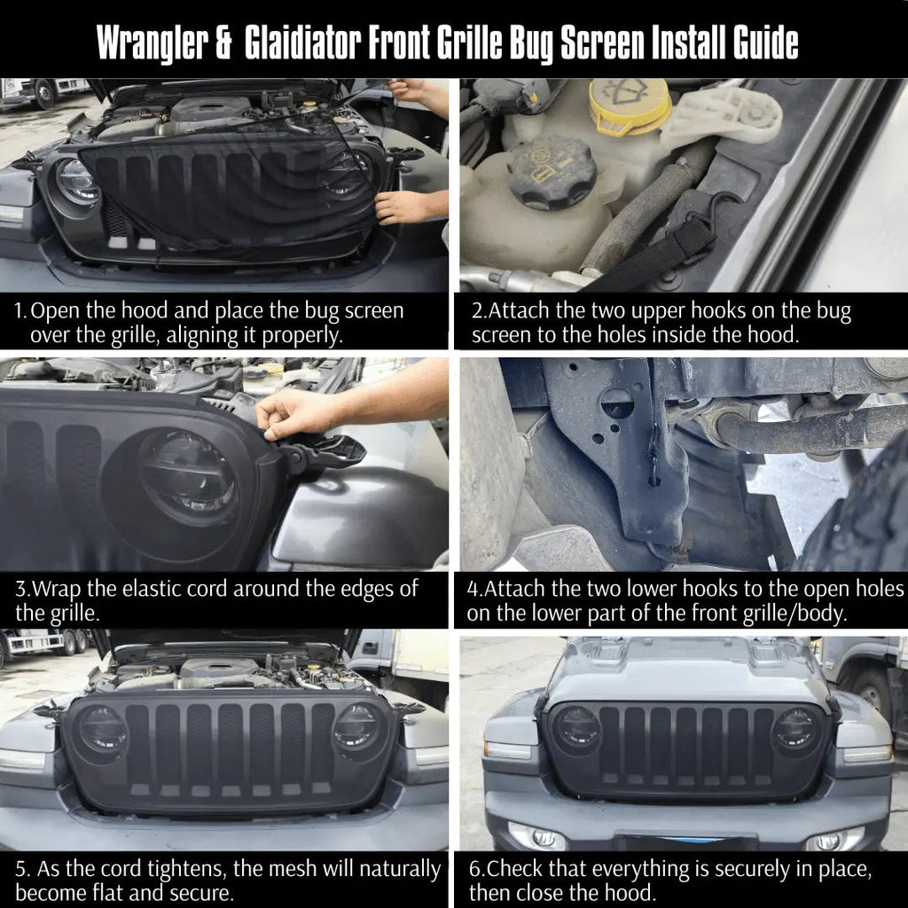 For Jeep Wrangler TJ JK JL Glaidiator JT Front Grille Bug Screen Cover – Nylon Insect Mesh Overlay, Anti-Debris Protection