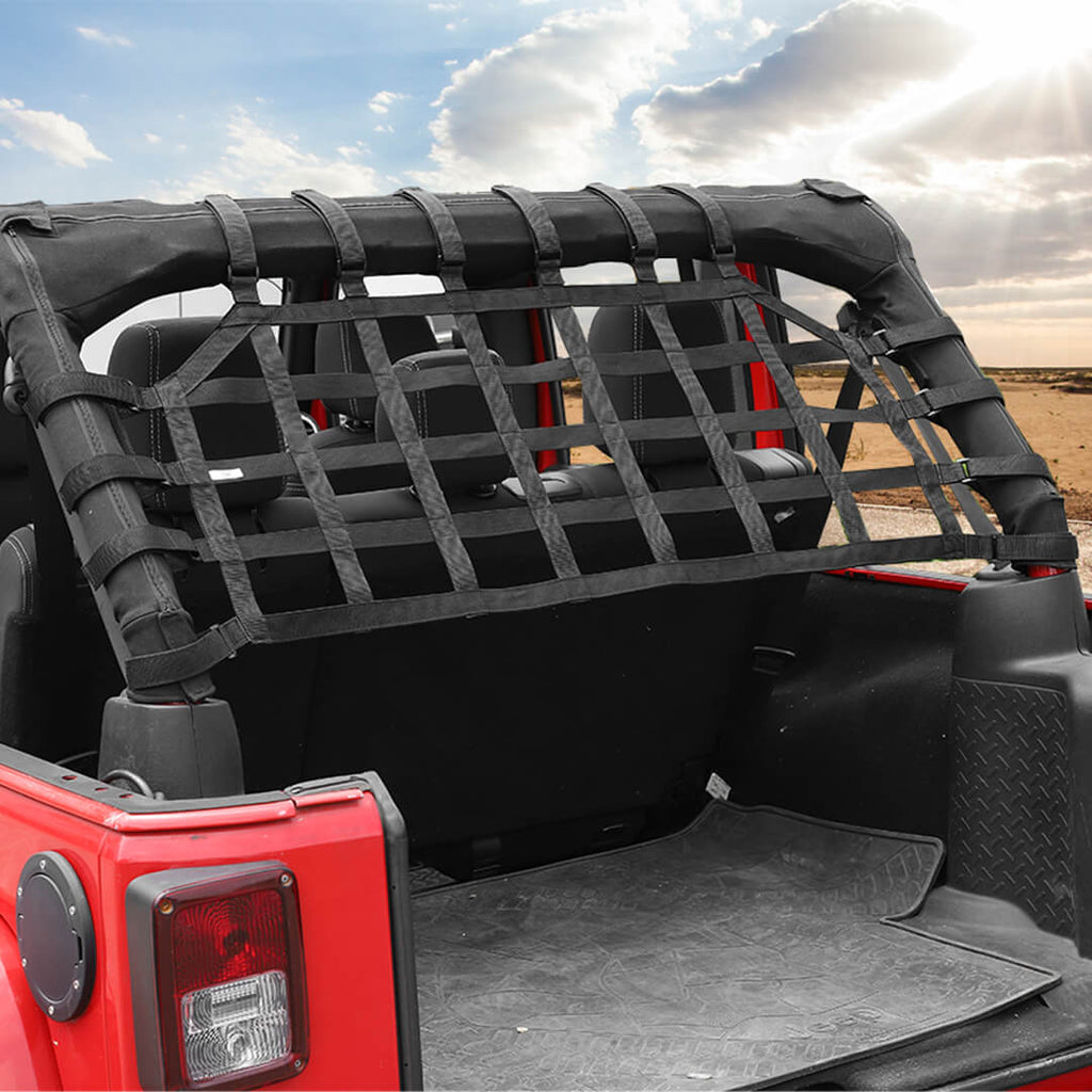 Fabric Strap & ABSFor 2007-2018 Jeep Wrangler JKU 4 Door Rear Trunk Mesh Cargo Net Organizer Restraint Protective Roof Top Baggage