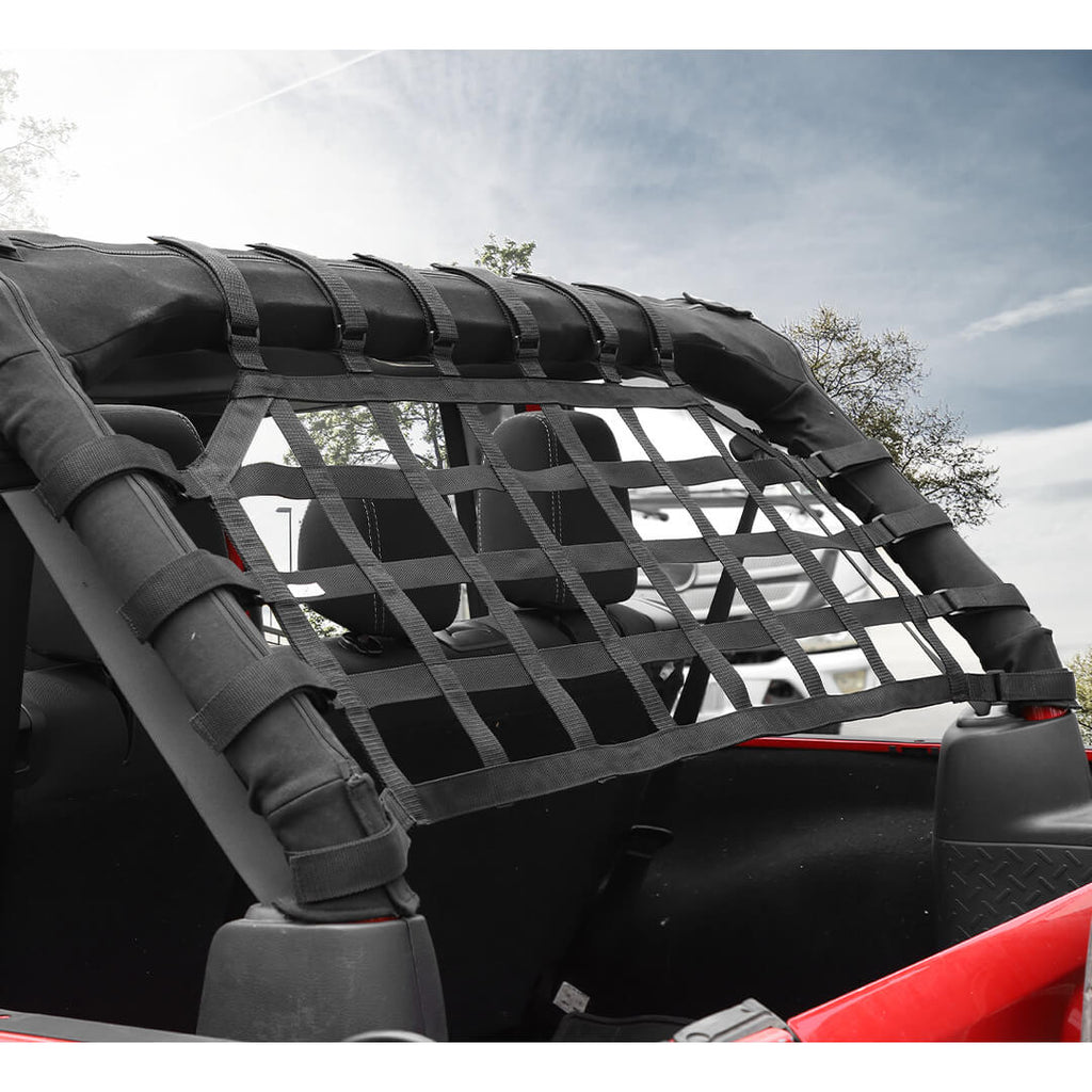 Fabric Strap & ABSFor 2007-2018 Jeep Wrangler JKU 4 Door Rear Trunk Mesh Cargo Net Organizer Restraint Protective Roof Top Baggage