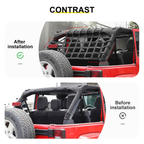 Fabric Strap & ABSFor 2007-2018 Jeep Wrangler JKU 4 Door Rear Trunk Mesh Cargo Net Organizer Restraint Protective Roof Top Baggage