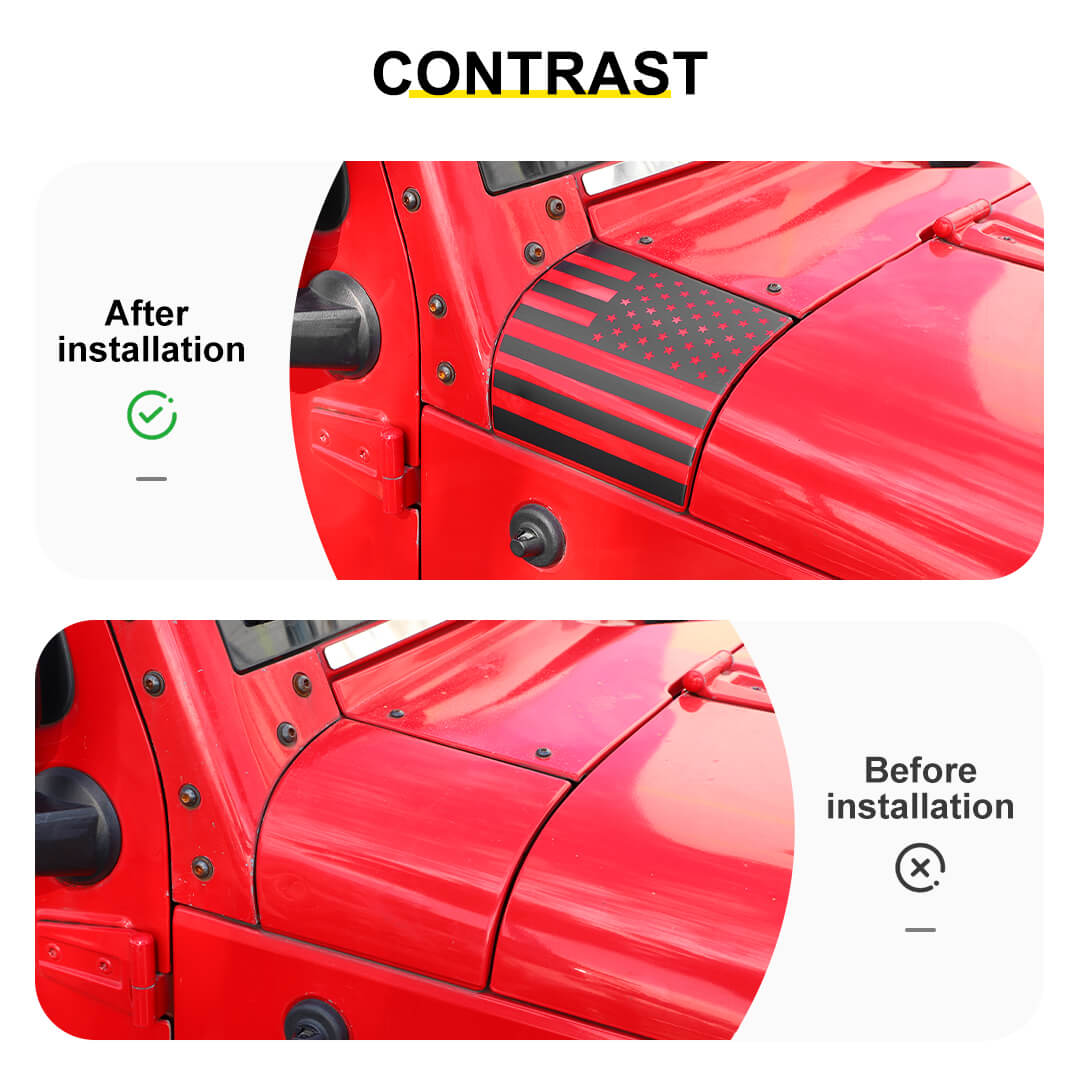 For 2007-2018 Jeep Wrangler JK Front Engine Hood Vinyl Decal Wrap Corner Sticker American Flag（2 pcs）
