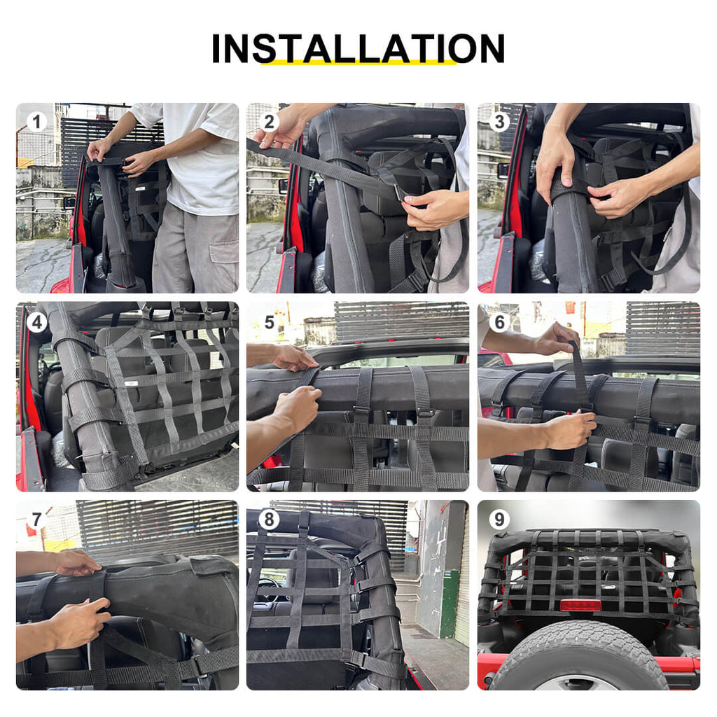Fabric Strap & ABSFor 2007-2018 Jeep Wrangler JKU 4 Door Rear Trunk Mesh Cargo Net Organizer Restraint Protective Roof Top Baggage